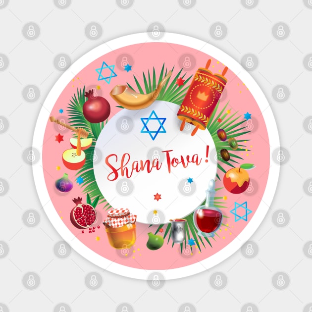 Happy Rosh Hashanah - Shana Tova! Autumn New Year Jewish Holiday Paty. Honey and Apple, Pomegranate, Shofar, Star of David, traditional symbols, torah, shofar, pomegranates, star of David, tropical palm tree leaves decoration, pink color Magnet by sofiartmedia